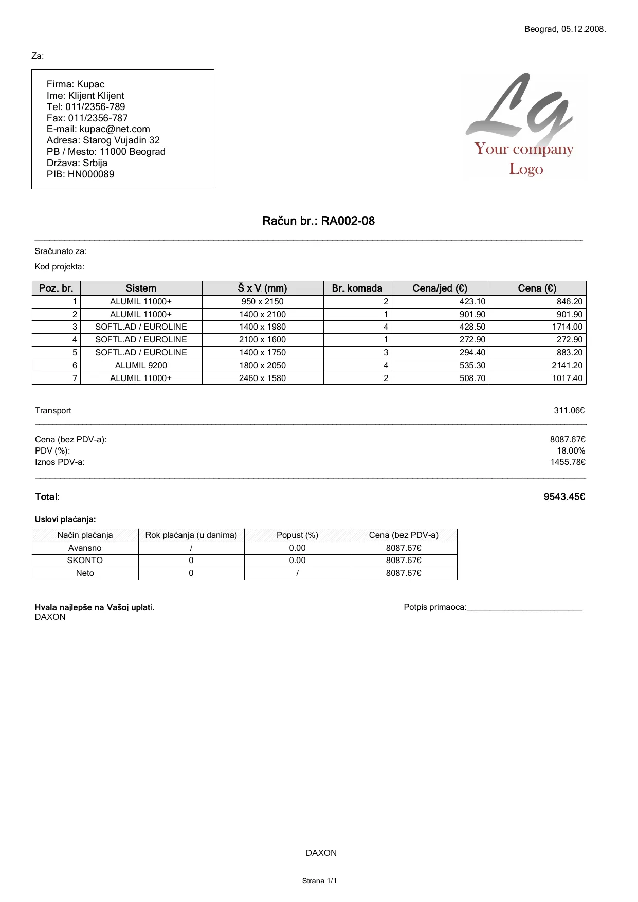 Račun RA002-08 sa tabelom pozicija po sistemima profila, cenama, PDV-om i uslovima plaćanja