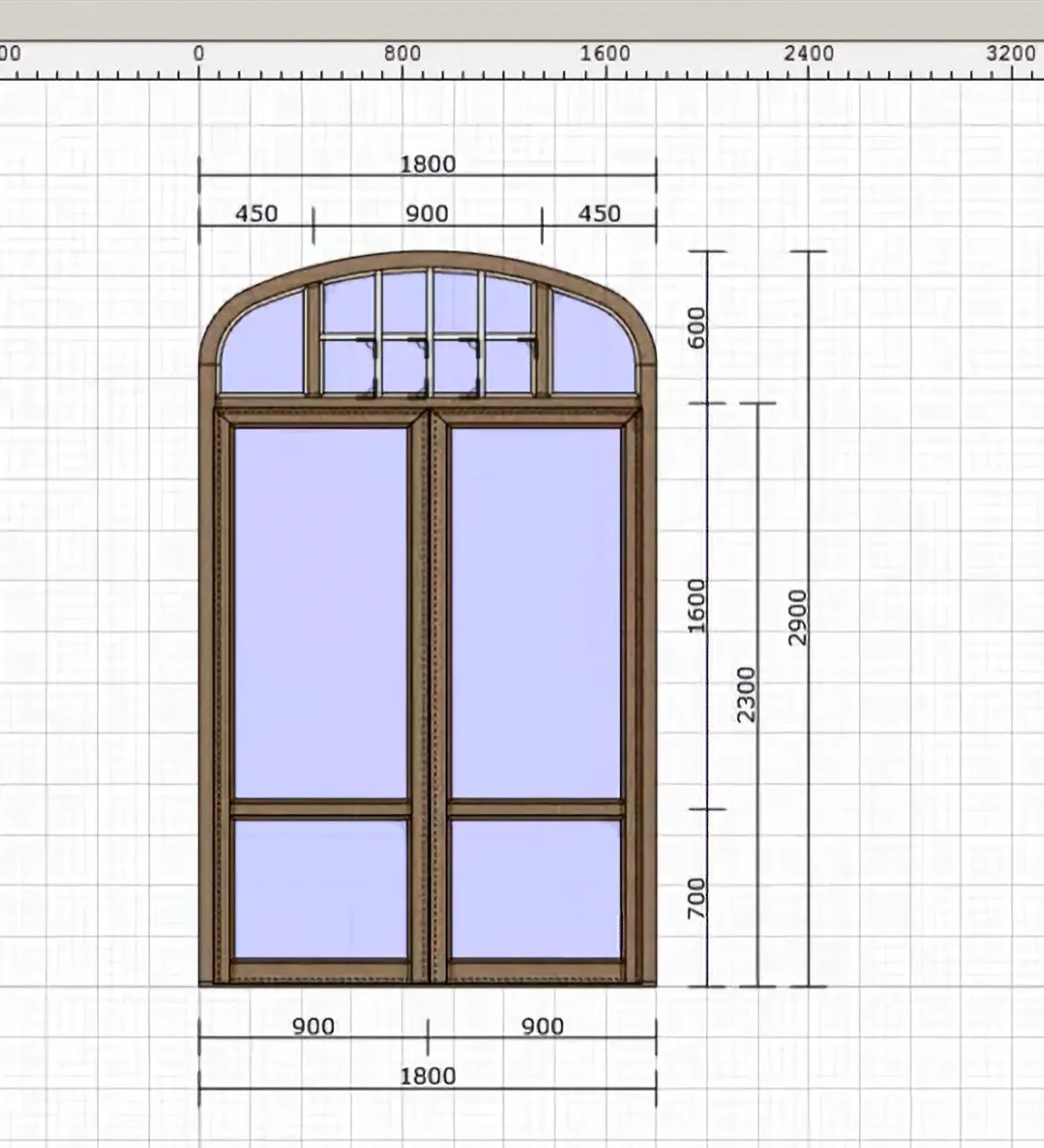 Model u programu Harmo: crtež istih lučnih dvokrilnih vrata, 1800 × 2900 mm, sa kotama